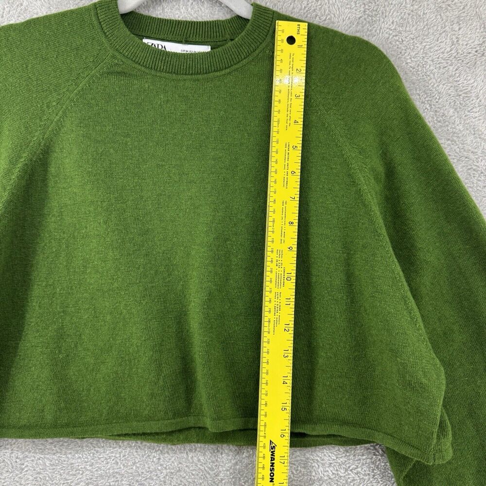 Zara Sweater Women M Green Knit Cropped Crew Neck Long Bishop Sleeve Relax Fit - Picture 7 of 9